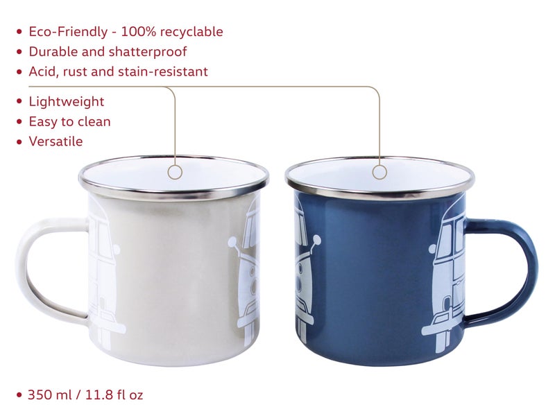 BRISA VW Collection - Volkswagen 2-piece Enamel Coffee-Tea Mug Cup Set for Camping & Outdoor T1 Bus (Blue/Gray) - Image 2